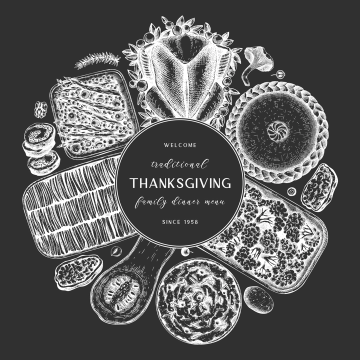 Thanksgiving day dinner menu design on chalkboard. With roasted turkey, cooked vegetables, rolled meat, baking cakes and pies sketches. Vintage autumn food wreath. Vector Thanksgiving day background.